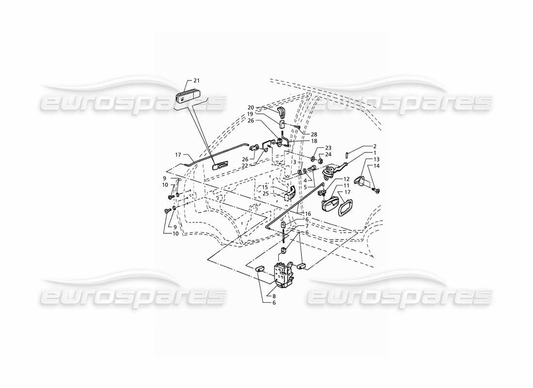 maserati qtp. 3.2 v8 (1999) porte posteriori: schema delle parti delle cerniere e dei comandi interni