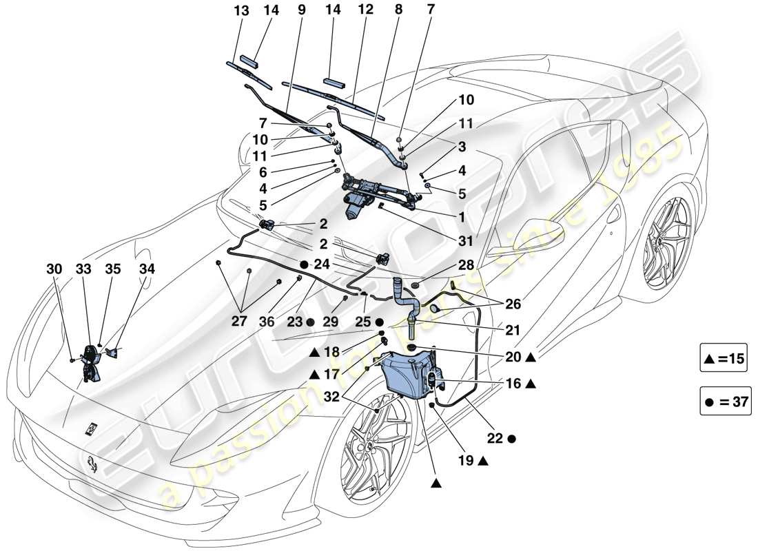 ferrari 812 superfast (europe) tergicristallo, rondella e clacson schema delle parti