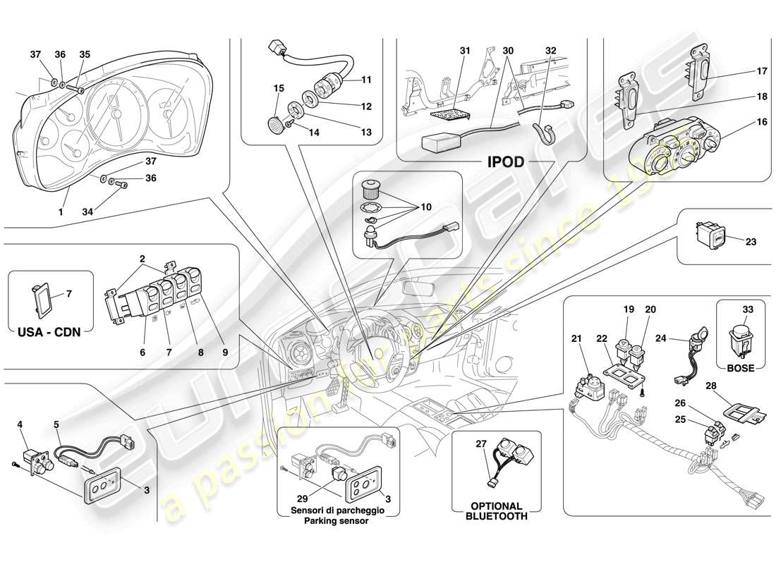 ferrari f430 spider (rhd) armaturenbrett und tunnelinstrumente teilediagramm
