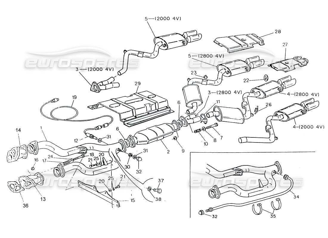 maserati 222 / 222e biturbo sistema di scarico con catalizzatore (4v) diagramma delle parti
