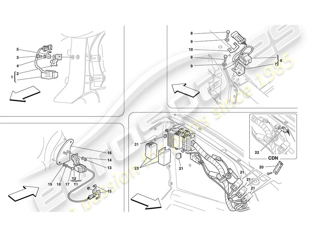 ferrari f430 coupe (rhd) ecu e sensori nel vano anteriore e vano motore schema delle parti