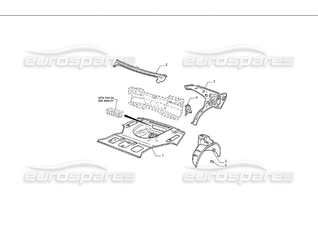 maserati qtp v6 (1996) scocca della carrozzeria: diagramma delle parti del pavimento del bagagliaio e delle strutture interne