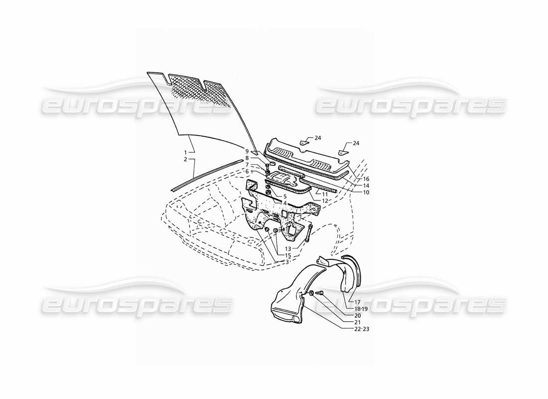 maserati qtp. 3.2 v8 (1999) diagramma delle parti delle coperture del cofano e del vano motore