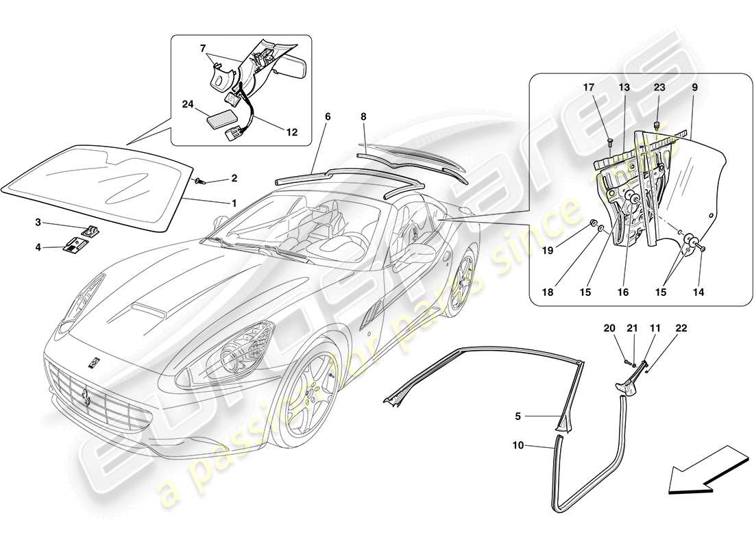 ferrari california (rhd) schermi, finestre e guarnizioni schema delle parti