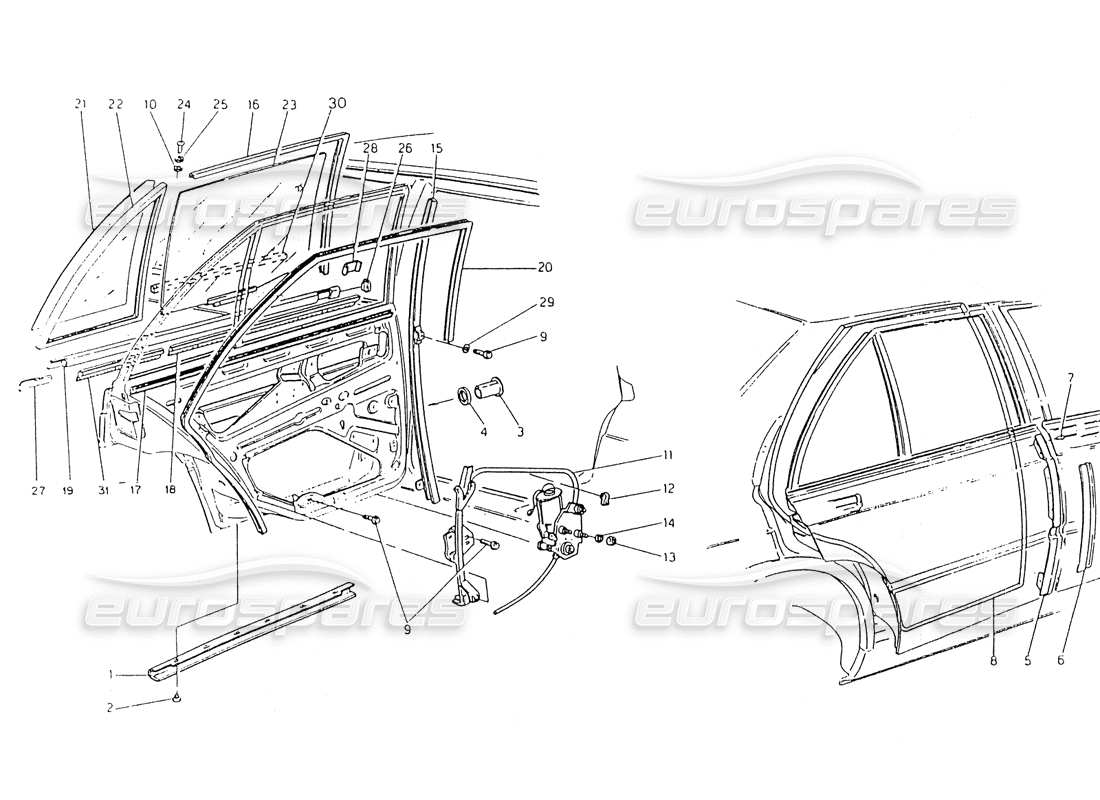 maserati 418 / 4.24v / 430 diagramma delle parti di porte posteriori, vetri e alzacristalli