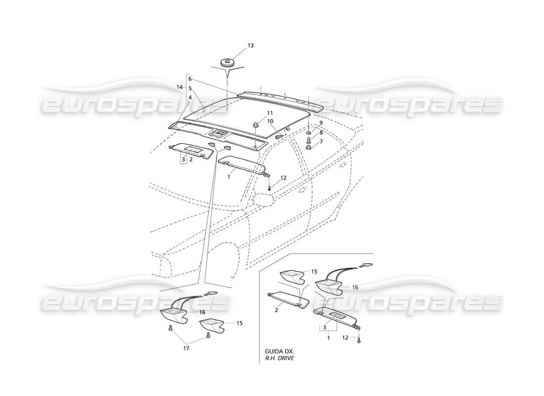 maserati qtp v8 evoluzione finiture interne: tetto diagramma delle parti