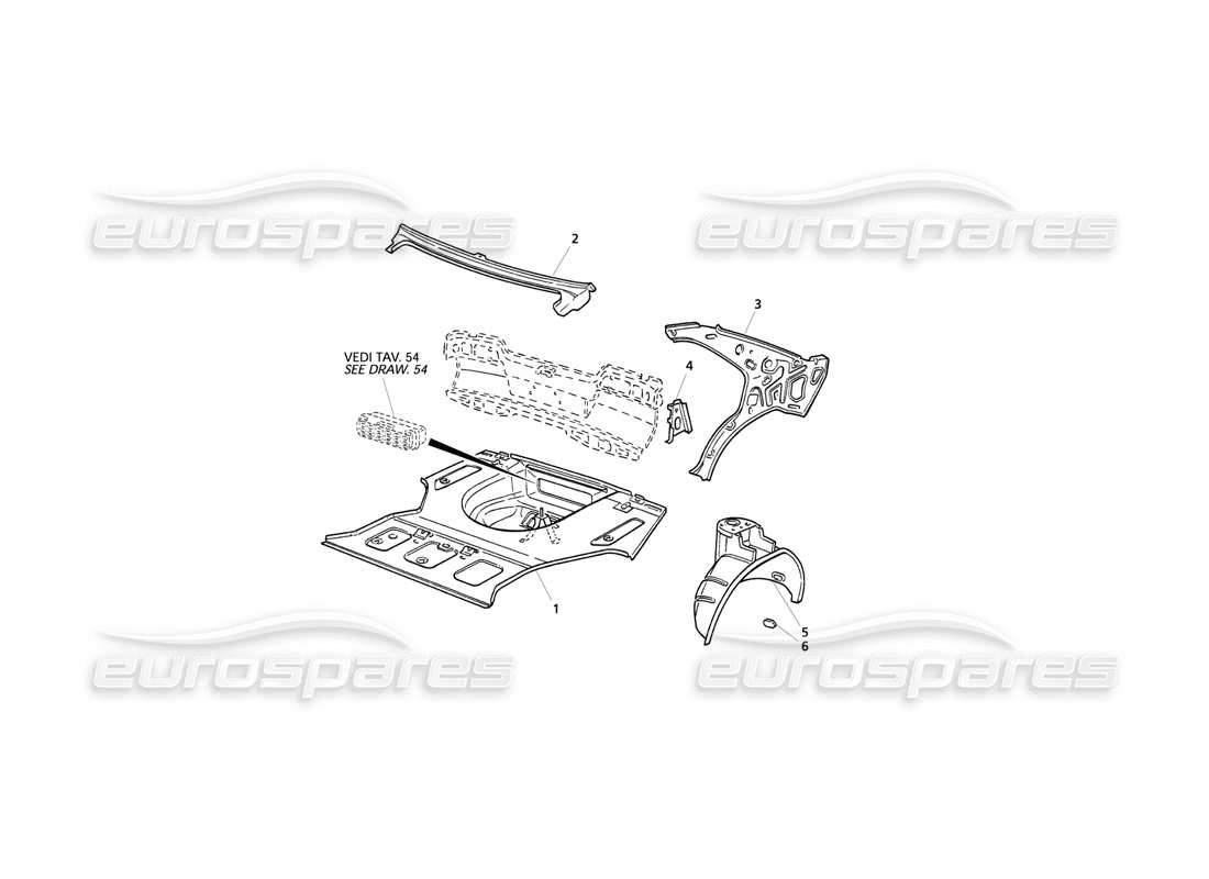 maserati qtp v8 evoluzione scocca: pianale del bagagliaio e strutture interne diagramma delle parti