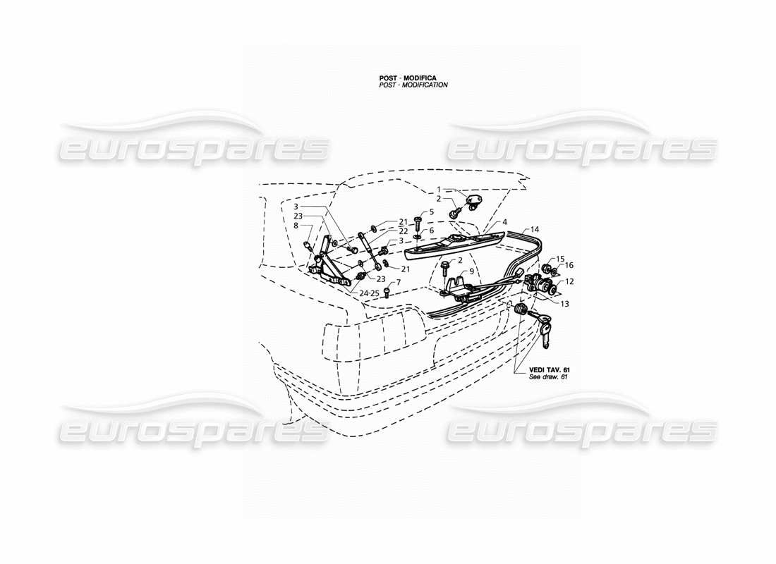 maserati qtp. 3.2 v8 (1999) coperchio del bagagliaio: diagramma delle parti delle cerniere, rilascio del coperchio del bagagliaio (post modifica).