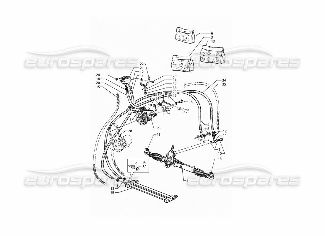 maserati qtp. 3.2 v8 (1999) schema delle parti del sistema di servosterzo (guida a destra).