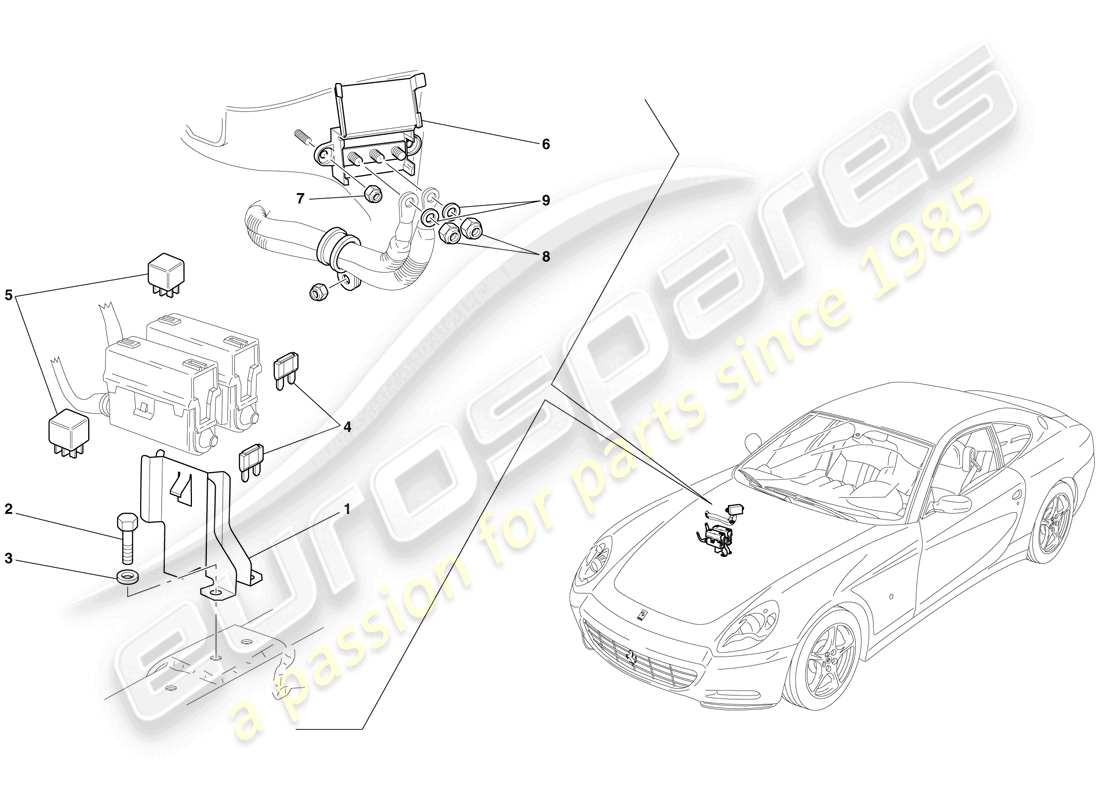 ferrari 612 scaglietti (rhd) schema delle parti della centralina elettronica vano motore