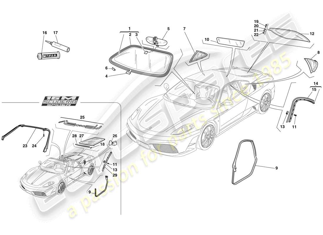 ferrari f430 scuderia (rhd) schermi, finestre e guarnizioni diagramma delle parti