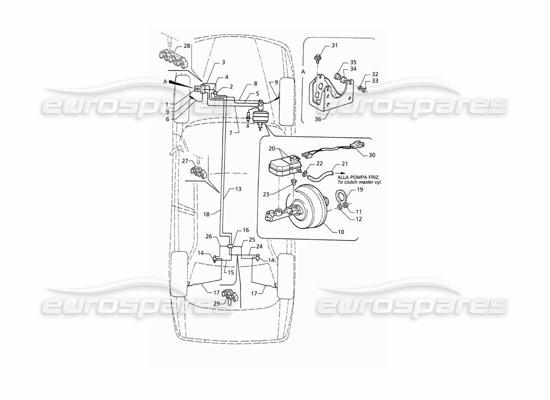 maserati qtp v6 (1996) schema delle parti delle tubazioni dei freni idraulici abs (rhd).