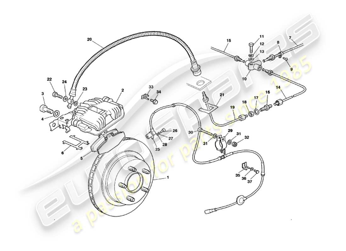 aston martin v8 volante (1998) diagramma delle parti dei freni posteriori