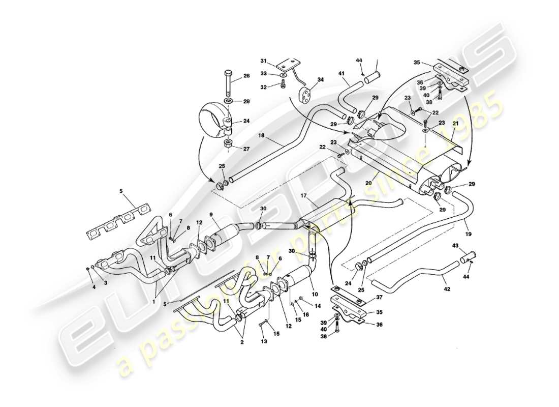 aston martin v8 volante (1998) diagramma delle parti del sistema di scarico