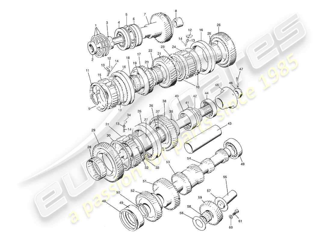 aston martin v8 virage (2000) diagramma delle parti del cambio manuale, del treno di ingranaggi e dell'albero di trasmissione
