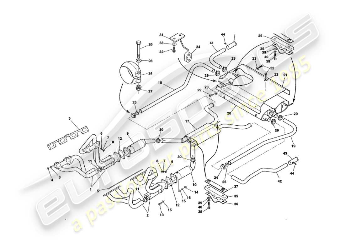 aston martin v8 volante (1997) diagramma delle parti del sistema di scarico