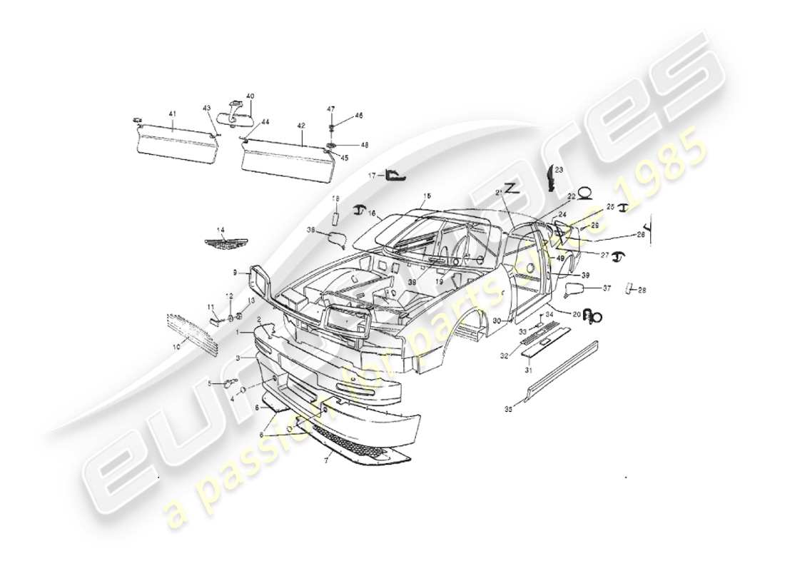 aston martin v8 virage (2000) corpo, anteriore diagramma delle parti