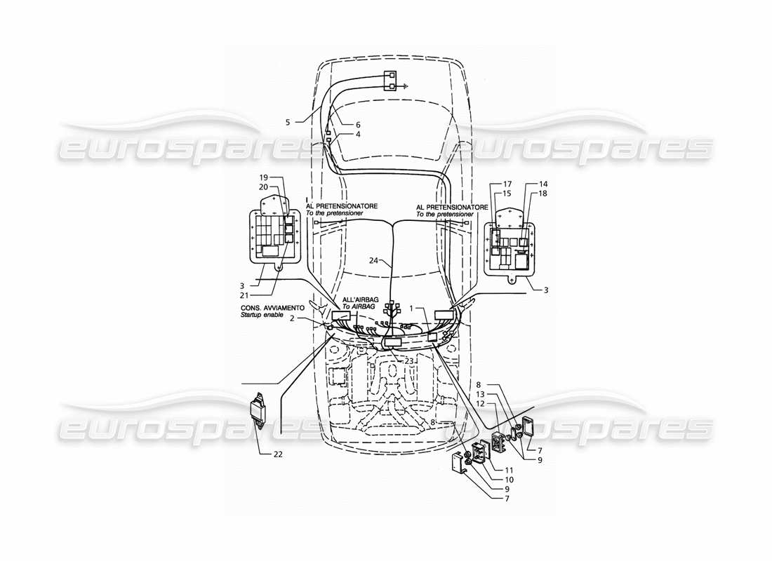 maserati qtp. 3.2 v8 (1999) impianto elettrico: diagramma delle parti del cruscotto e della batteria (guida a destra).