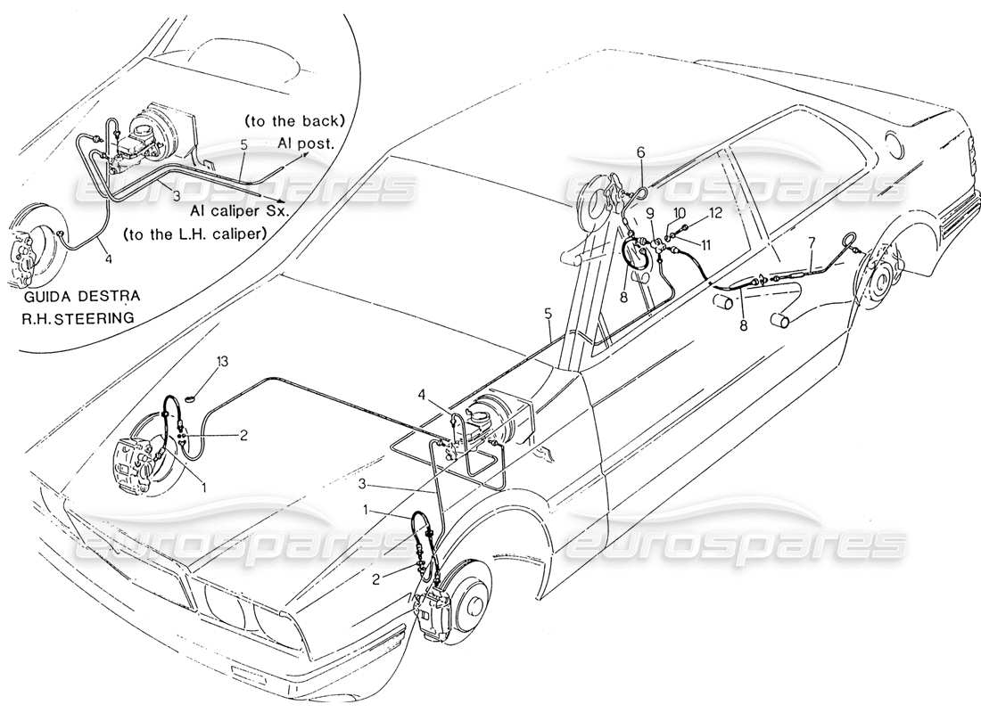 maserati 222 / 222e biturbo diagramma delle parti delle linee dei freni idraulici