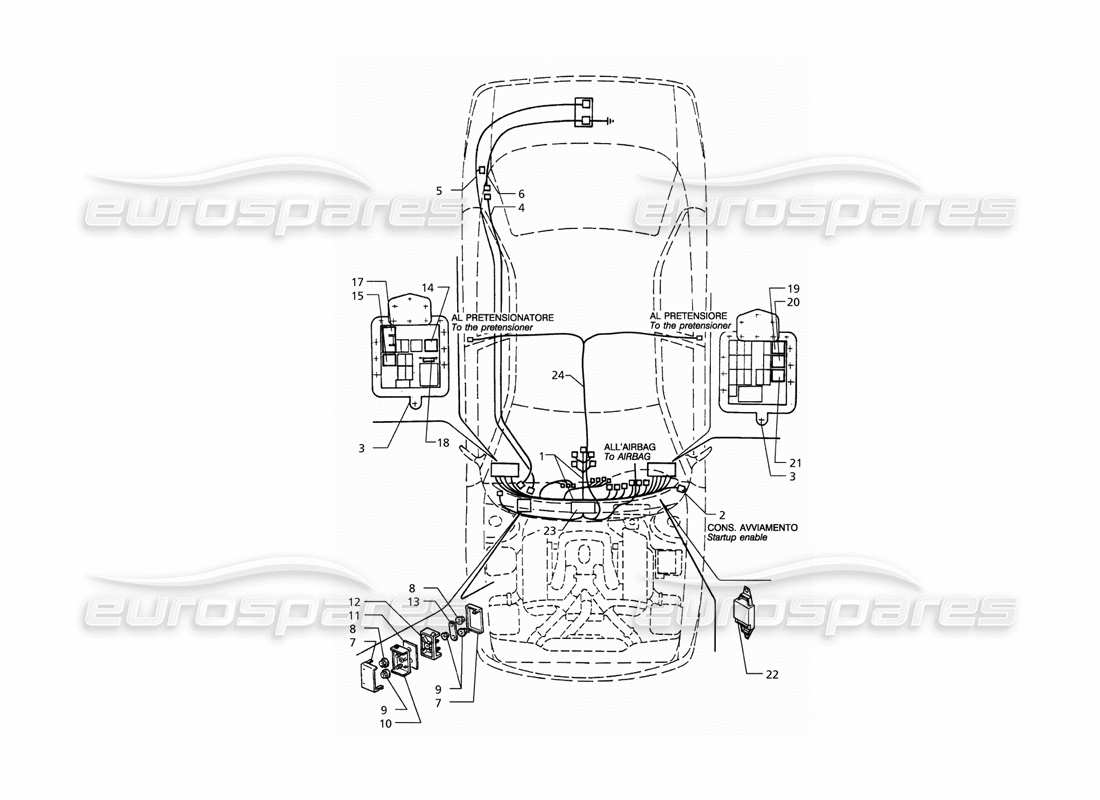 maserati qtp. 3.2 v8 (1999) impianto elettrico: diagramma delle parti del cruscotto e della batteria (guida a sinistra).