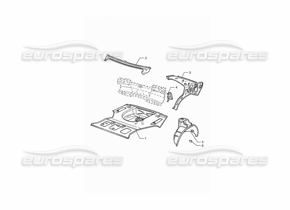 maserati qtp. 3.2 v8 (1999) scocca della carrozzeria: diagramma delle parti del pavimento del bagagliaio e delle strutture interne