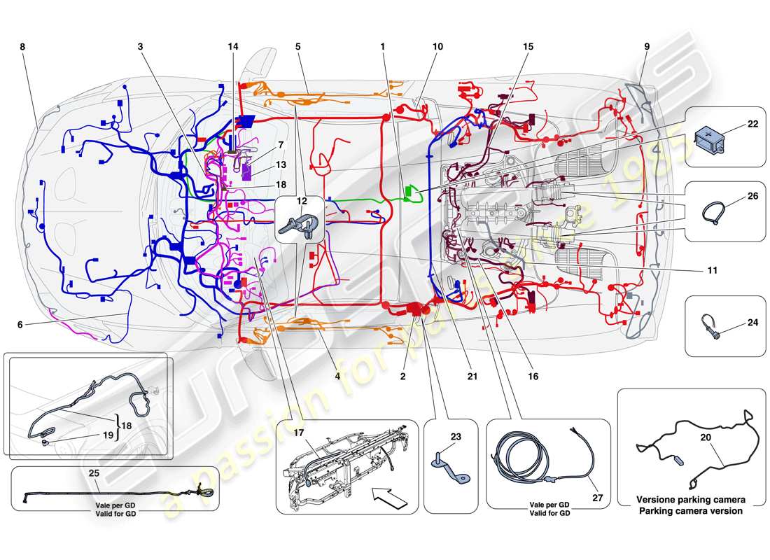 ferrari 458 speciale aperta (rhd) cablaggi principali diagramma delle parti