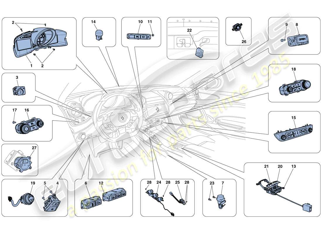 ferrari gtc4 lusso t (rhd) strumentazione cruscotto e tunnel diagramma delle parti