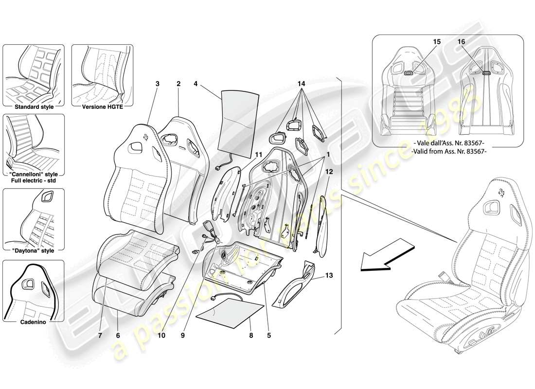 ferrari 599 gtb fiorano (rhd) sedile anteriore - rivestimenti e componenti interni schema parte
