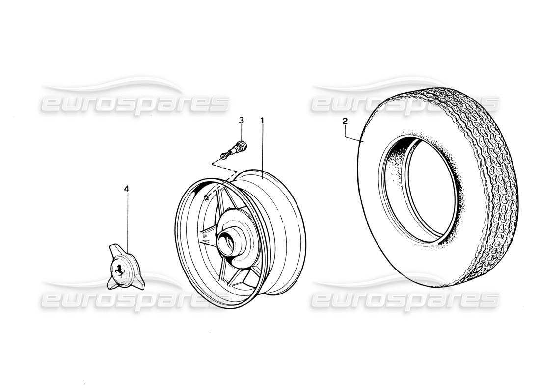 ferrari 365 gtb4 daytona (1969) diagramma delle parti di ruote e pneumatici (revisione 1974).