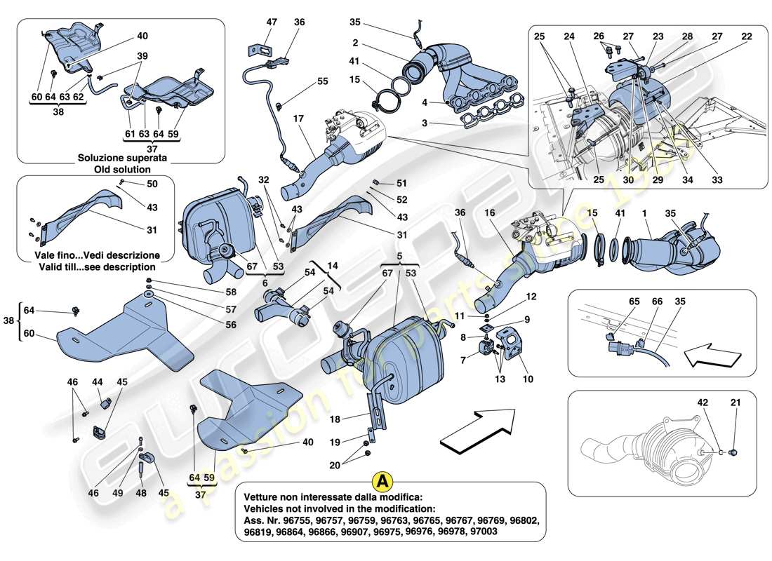 ferrari 458 italia (rhd) diagramma delle parti del sistema di scarico