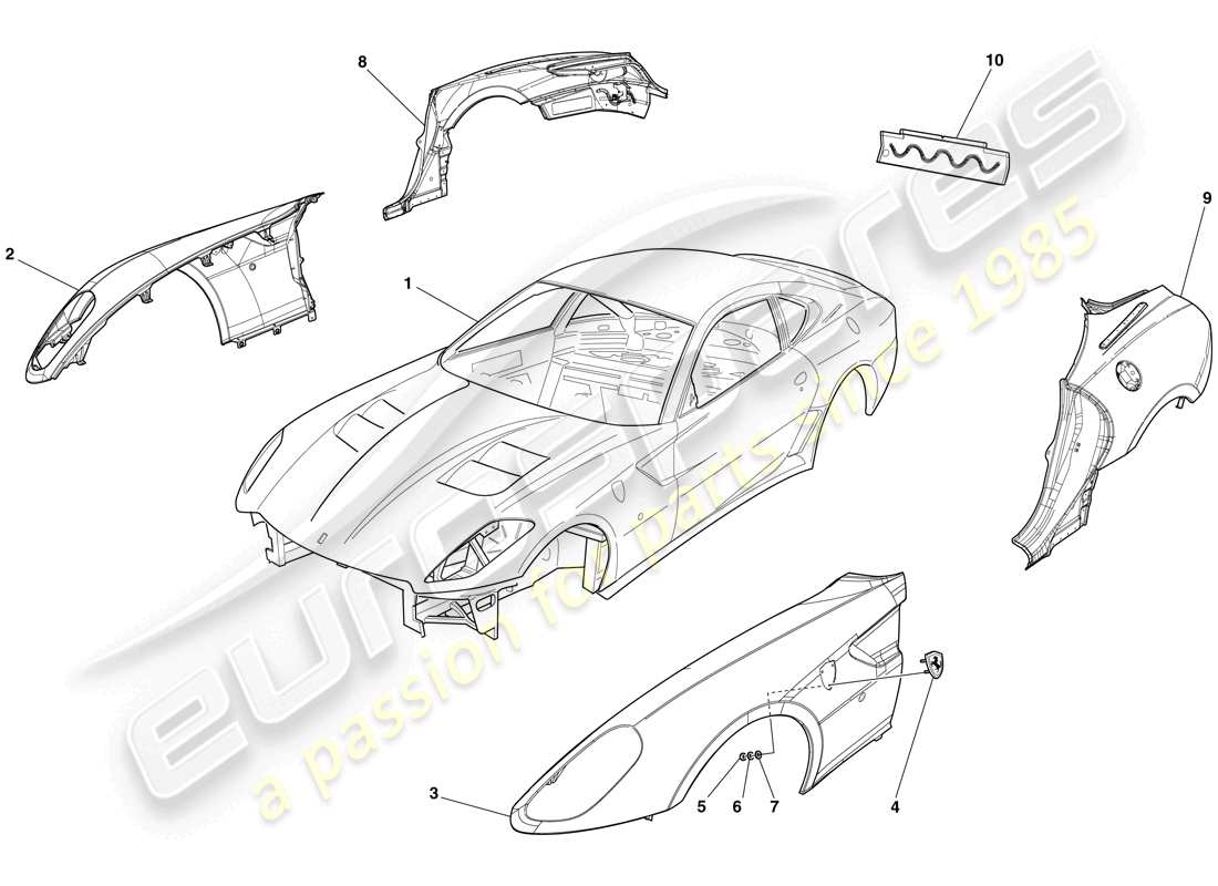 ferrari 599 gto (rhd) scocca - rivestimento esterno diagramma delle parti