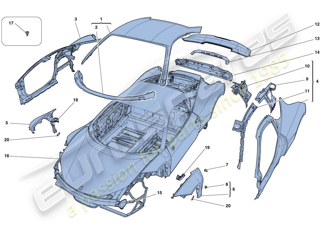 ferrari 458 speciale (rhd) scocca - rivestimento esterno diagramma delle parti