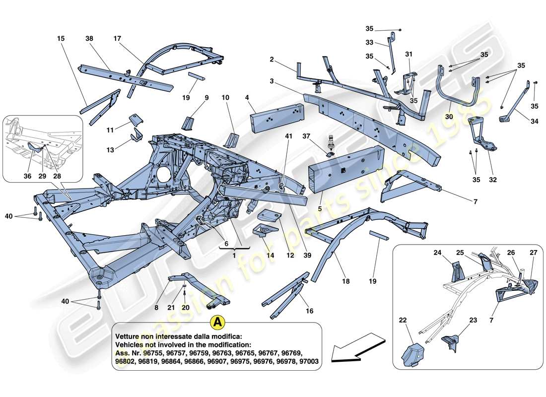 ferrari 458 italia (rhd) telaio - struttura, elementi posteriori e pannelli diagramma delle parti