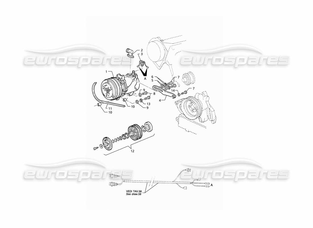 maserati qtp v8 (1998) diagramma delle parti del compressore d'aria e delle staffe
