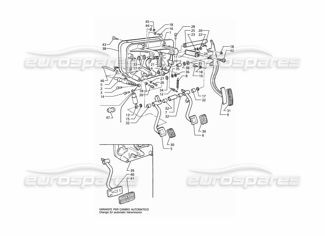 maserati ghibli 2.8 (abs) schema delle parti del gruppo pedali e pompa frizione per guida destra (cambio manuale e automatico).