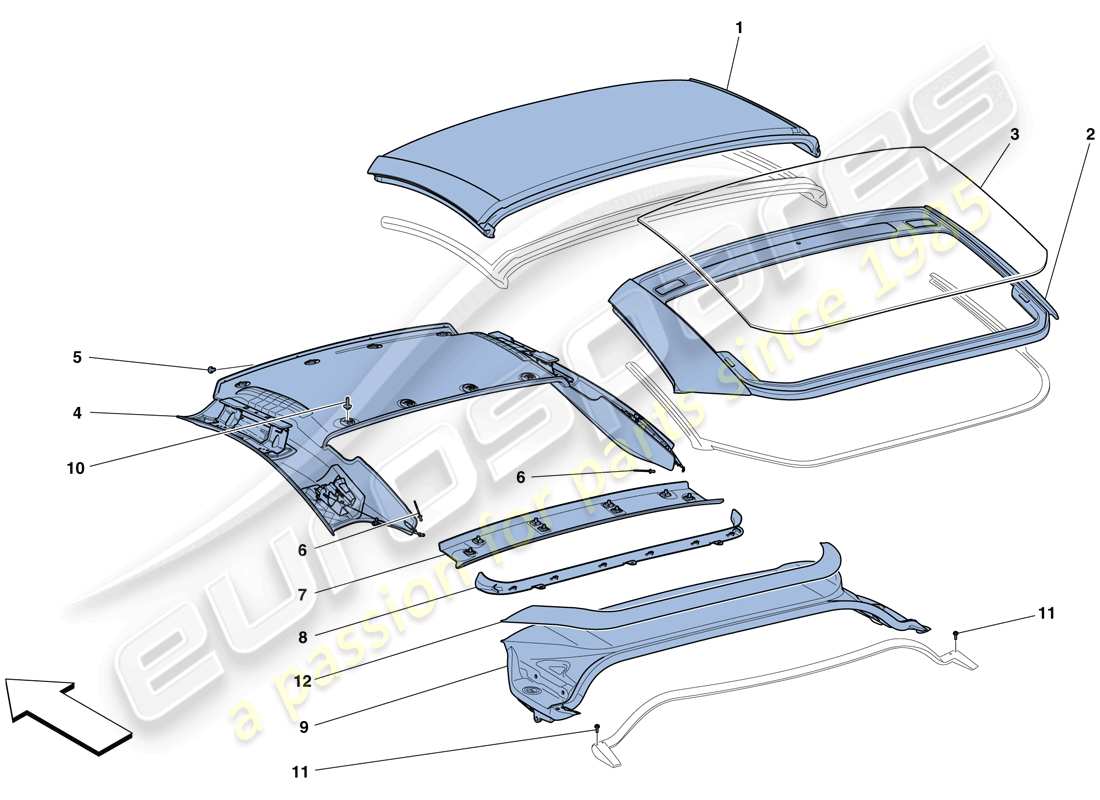 ferrari california t (rhd) tetto elettrico: schema delle parti del rivestimento