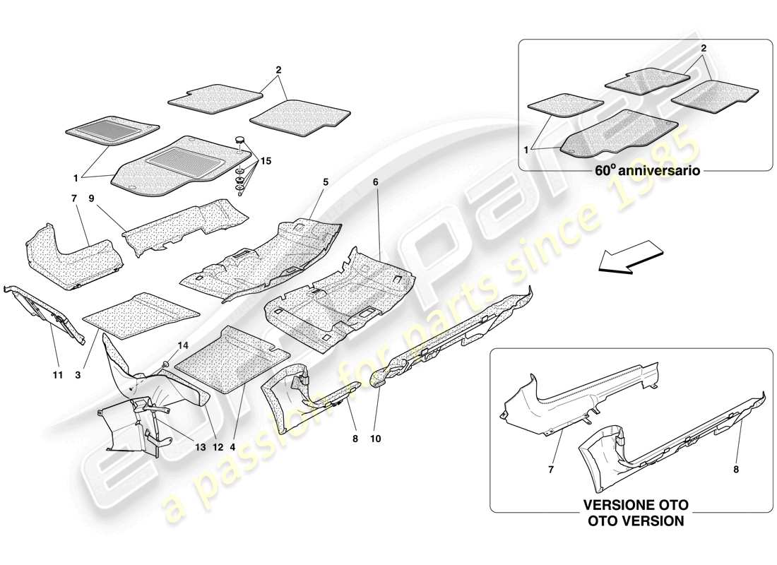 ferrari 612 scaglietti (rhd) rivestimenti e tappeti abitacolo passeggero diagramma delle parti