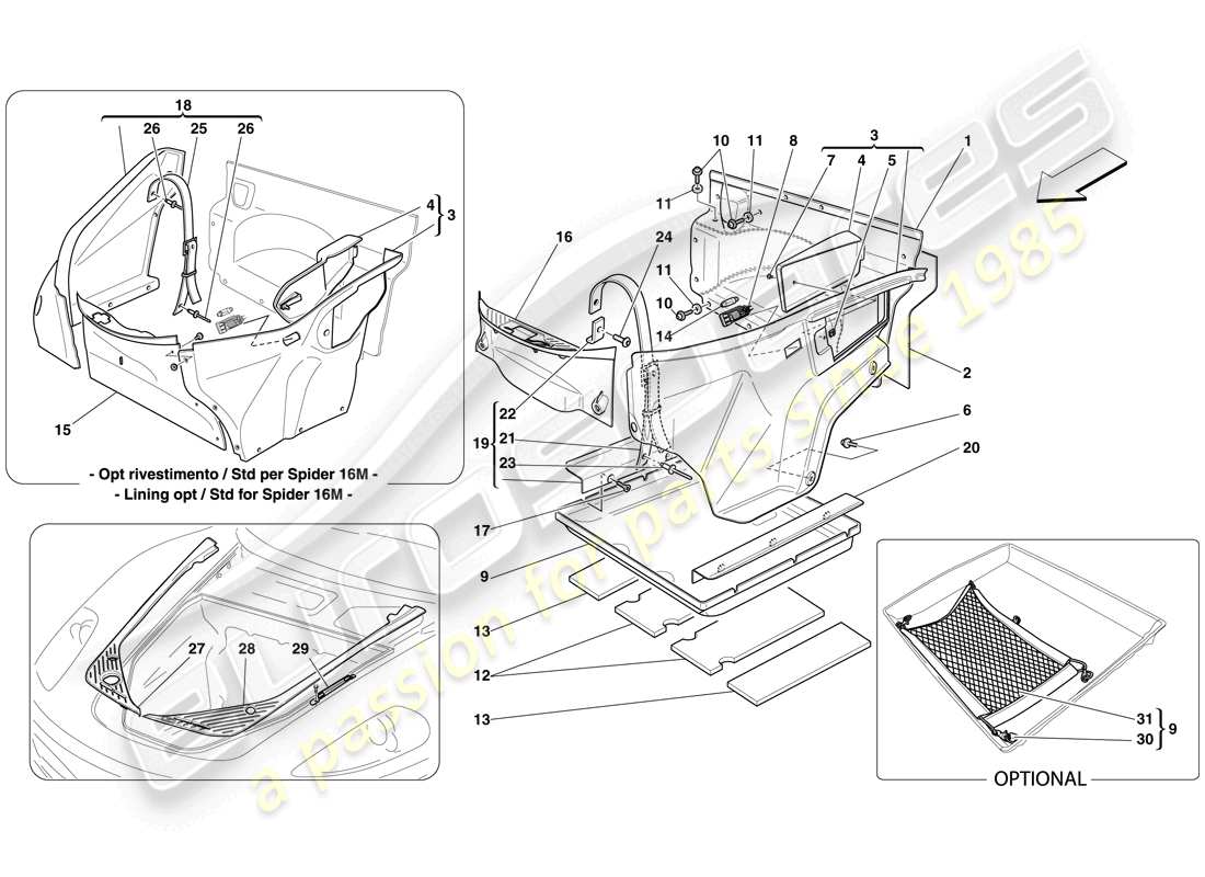 ferrari f430 scuderia spider 16m (rhd) rivestimento vano anteriore diagramma delle parti
