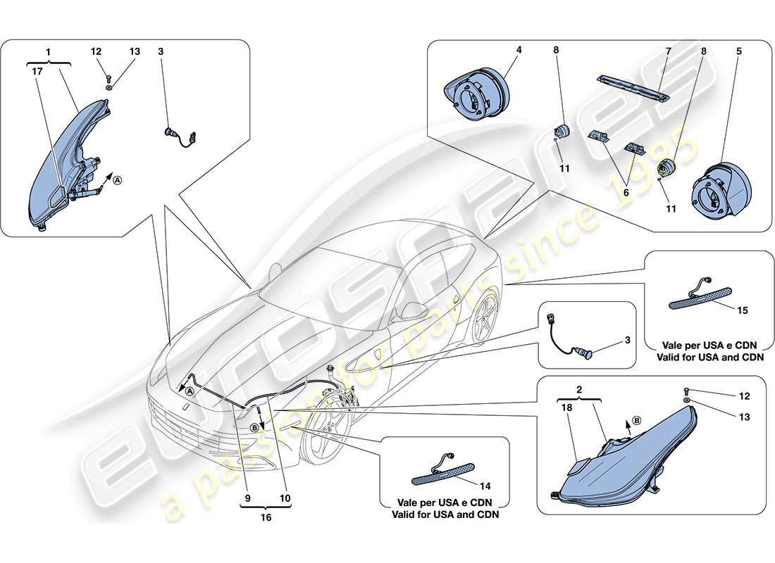 ferrari ff (rhd) fari e fanali posteriori schema delle parti