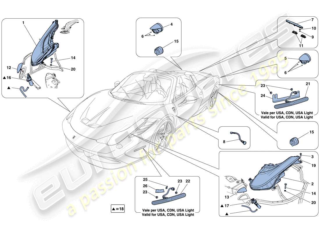 ferrari 458 speciale aperta (rhd) fari e fanali posteriori schema delle parti