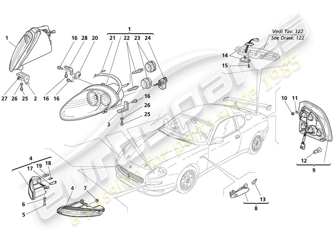 maserati trofeo diagramma delle parti delle luci anteriori e posteriori