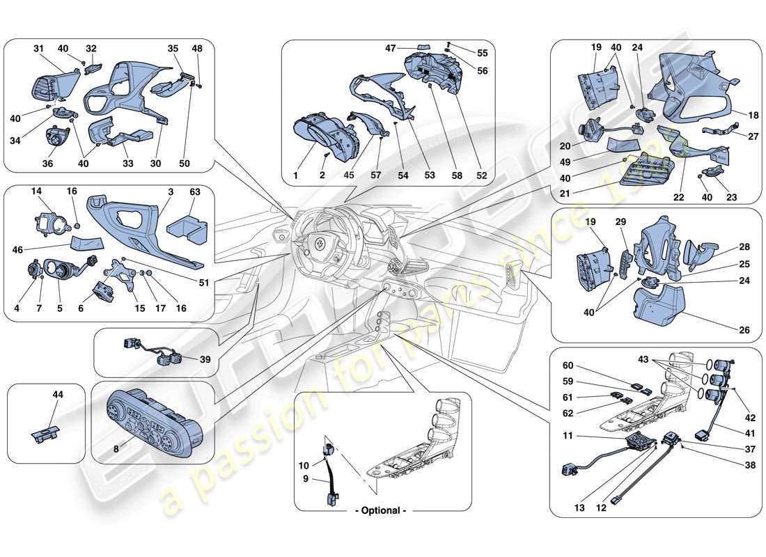 ferrari 458 speciale aperta (rhd) strumenti cruscotto e tunnel schema delle parti