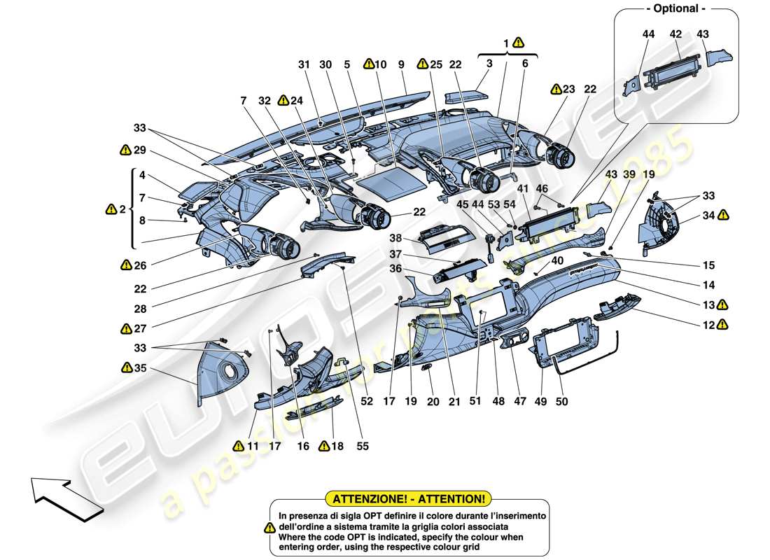 ferrari gtc4 lusso t (rhd) cruscotto - rivestimento diagramma delle parti