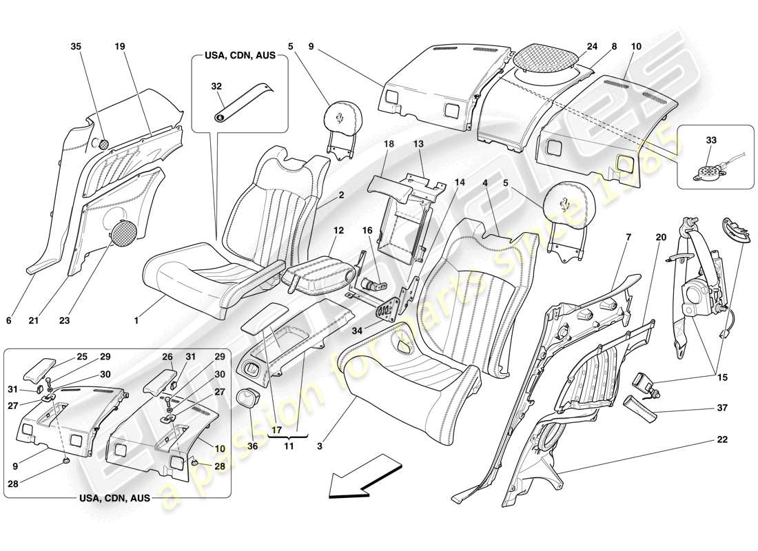 ferrari 612 scaglietti (europe) sedile posteriore - cinture di sicurezza schema delle parti