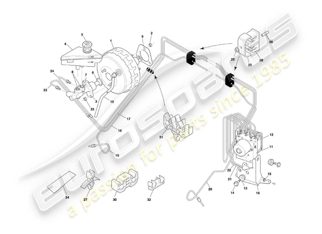 aston martin db7 vantage (2003) diagramma delle parti del servofreno e del modulatore