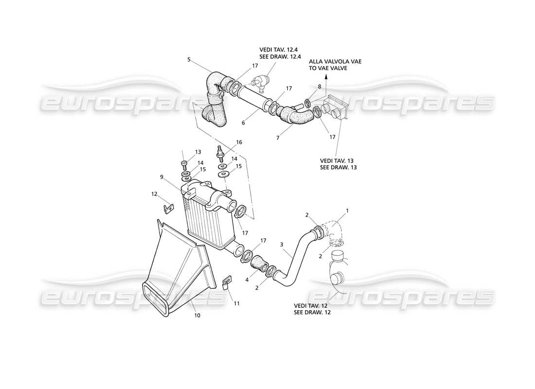 maserati qtp v8 evoluzione schema delle parti del lato destro dei tubi dello scambiatore di calore