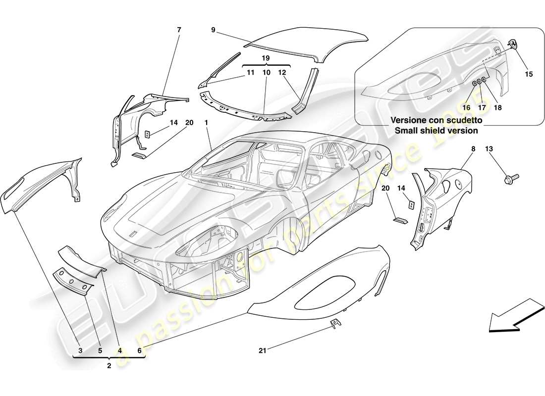 ferrari f430 coupe (rhd) scocca - rivestimento esterno schema delle parti