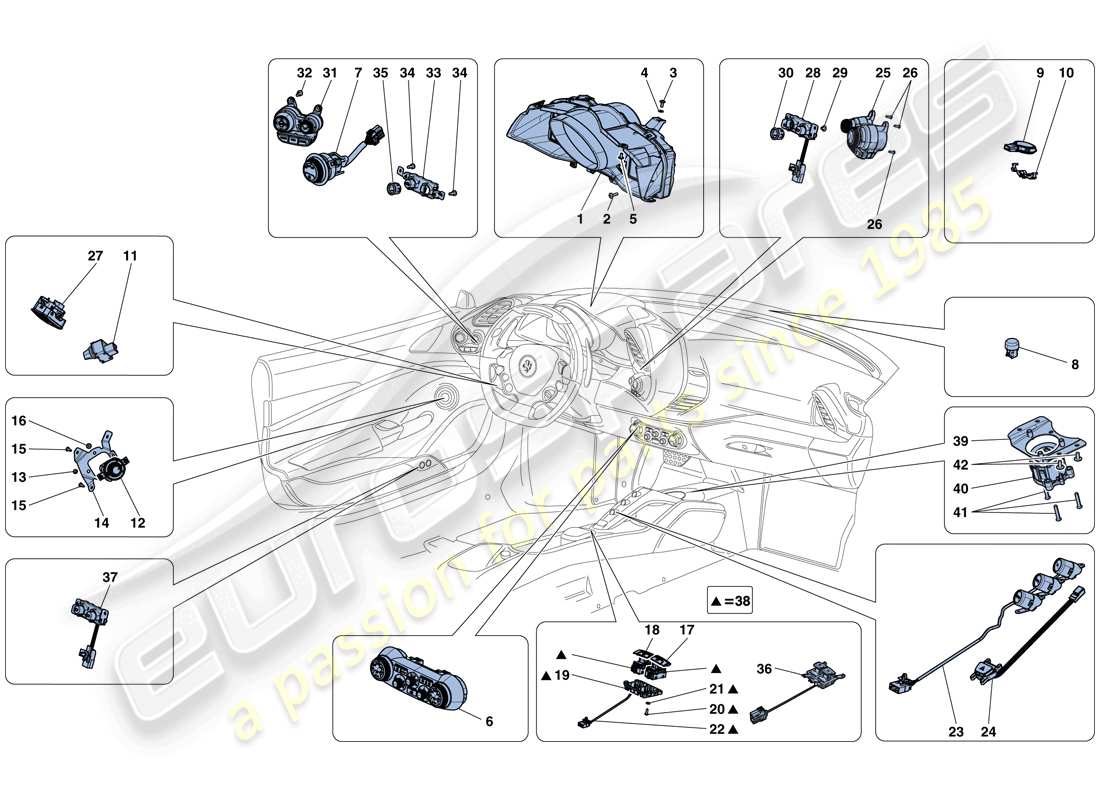 ferrari 488 spider (usa) strumentazione cruscotto e tunnel diagramma delle parti