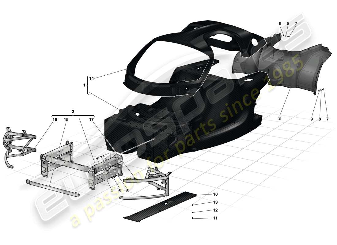 ferrari laferrari (usa) vasca monoscocca - sottotelaio anteriore - sottocassa centrale piatto schema particolare