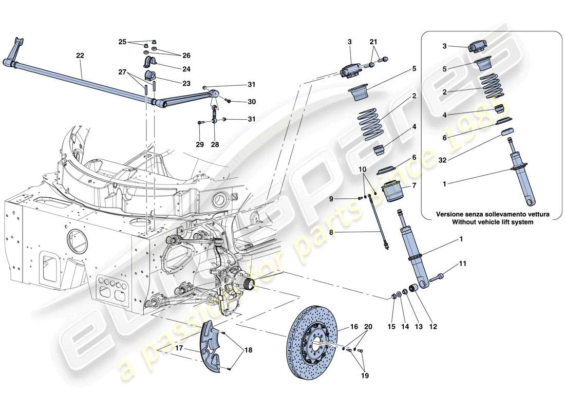ferrari laferrari aperta (usa) sospensione anteriore - ammortizzatore e disco freno schema delle parti